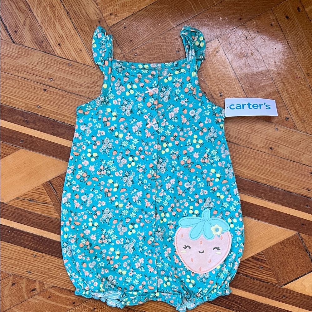 Carter's Teal Floral Baby Romper with Strawberry Patch